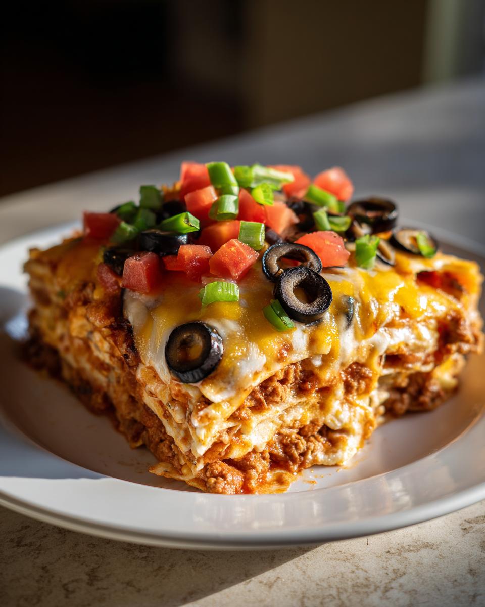 Close-up of a layered slice of Mexican pizza topped with melted cheese, black olives, diced tomatoes, and green onions.