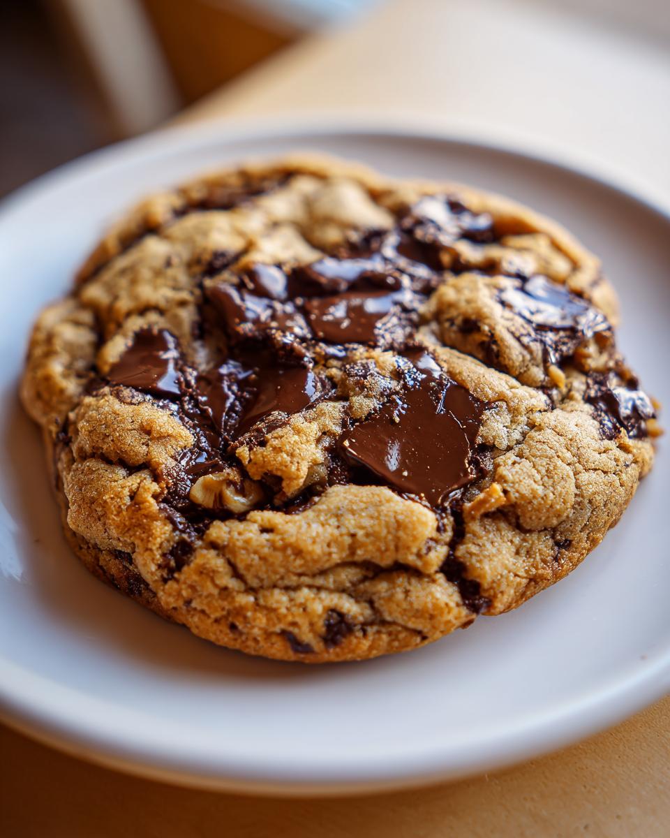 A thick, gooey levain bakery chocolate chip cookie with large pools of melted dark chocolate on a white plate.