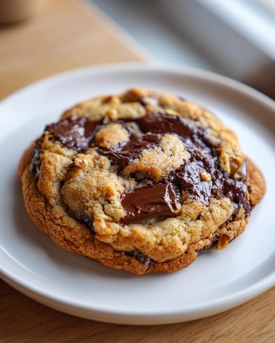 A thick, gooey levain bakery chocolate chip cookie with melted chocolate chunks on a white plate.