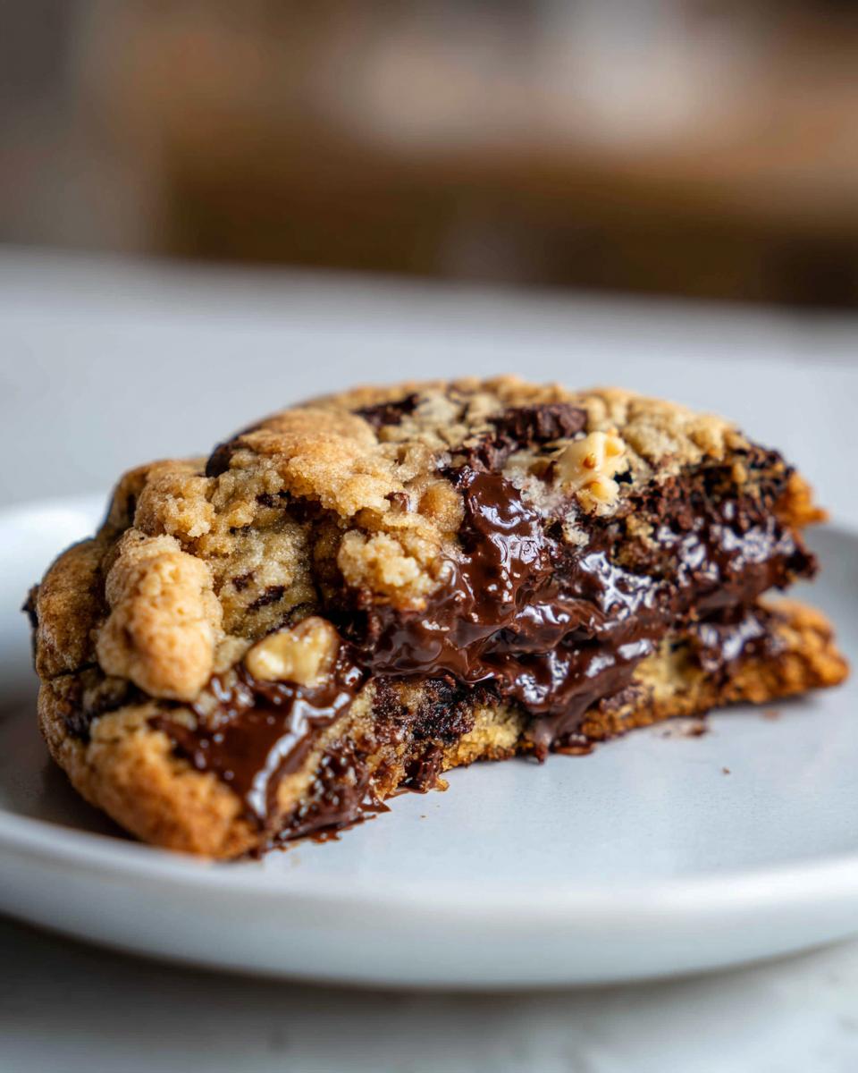 Close-up of a thick levain bakery chocolate chip cookie broken in half, showing gooey, melted chocolate filling and walnuts.
