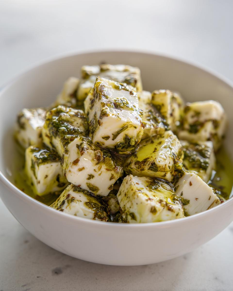Close-up of white cheese cubes soaking in olive oil and green herbs, showcasing the marinated cheese appetizer.