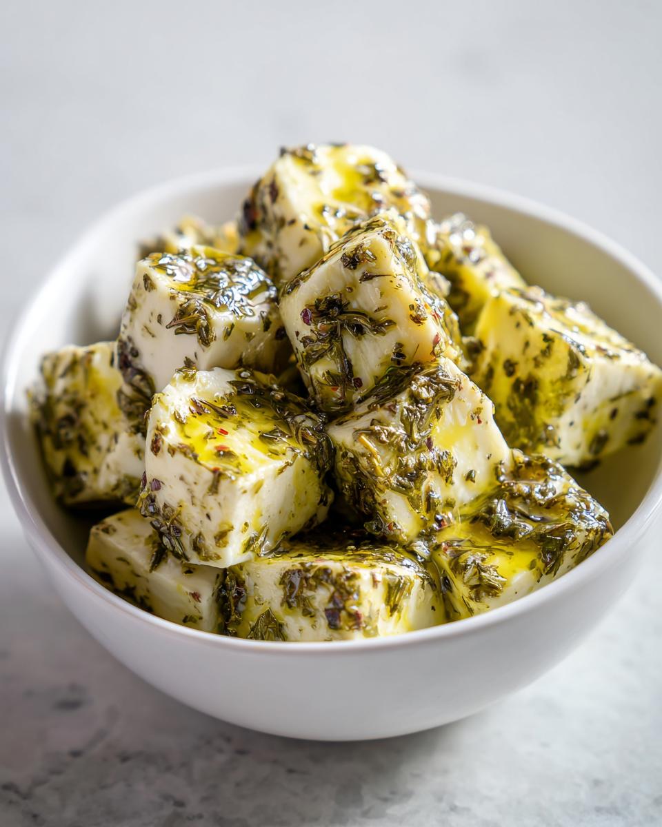 Close-up of cubed white cheese generously coated in oil and herbs, ready to serve as marinated cheese.