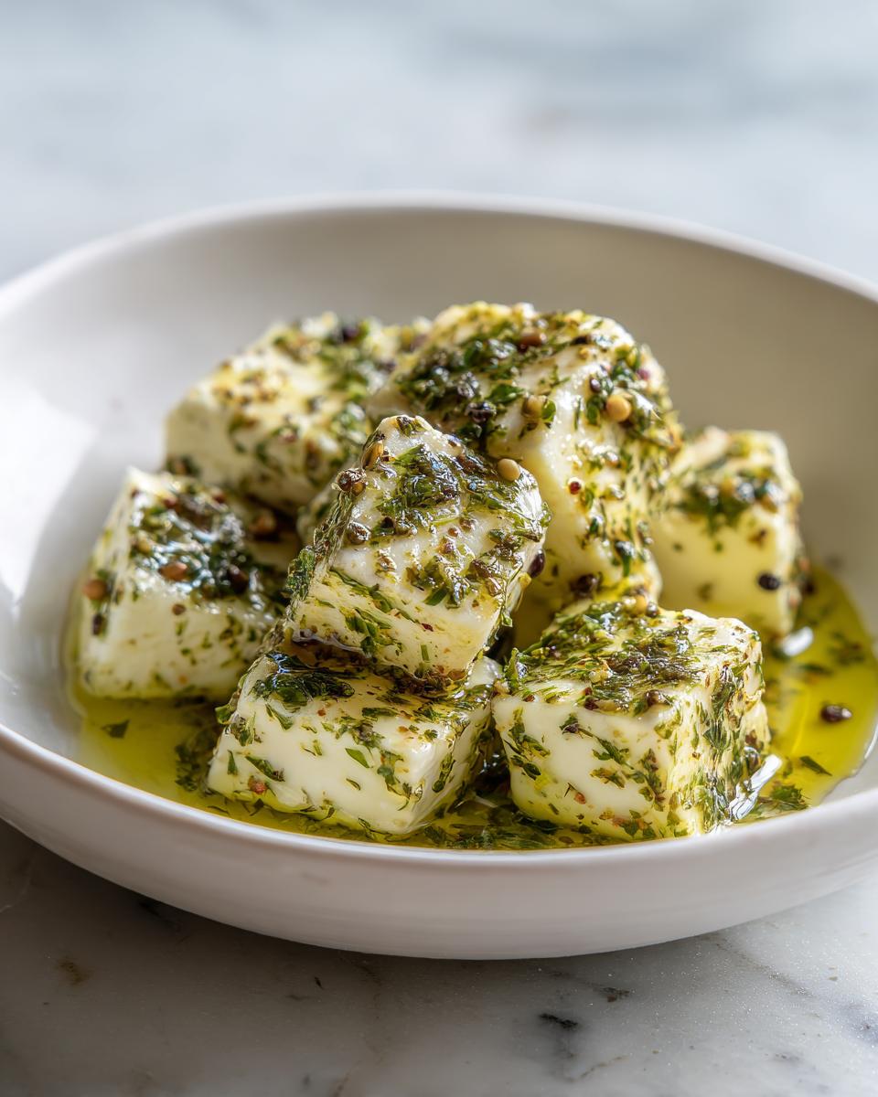 Close-up of cubed marinated cheese coated in herbs and spices, resting in olive oil in a white bowl.