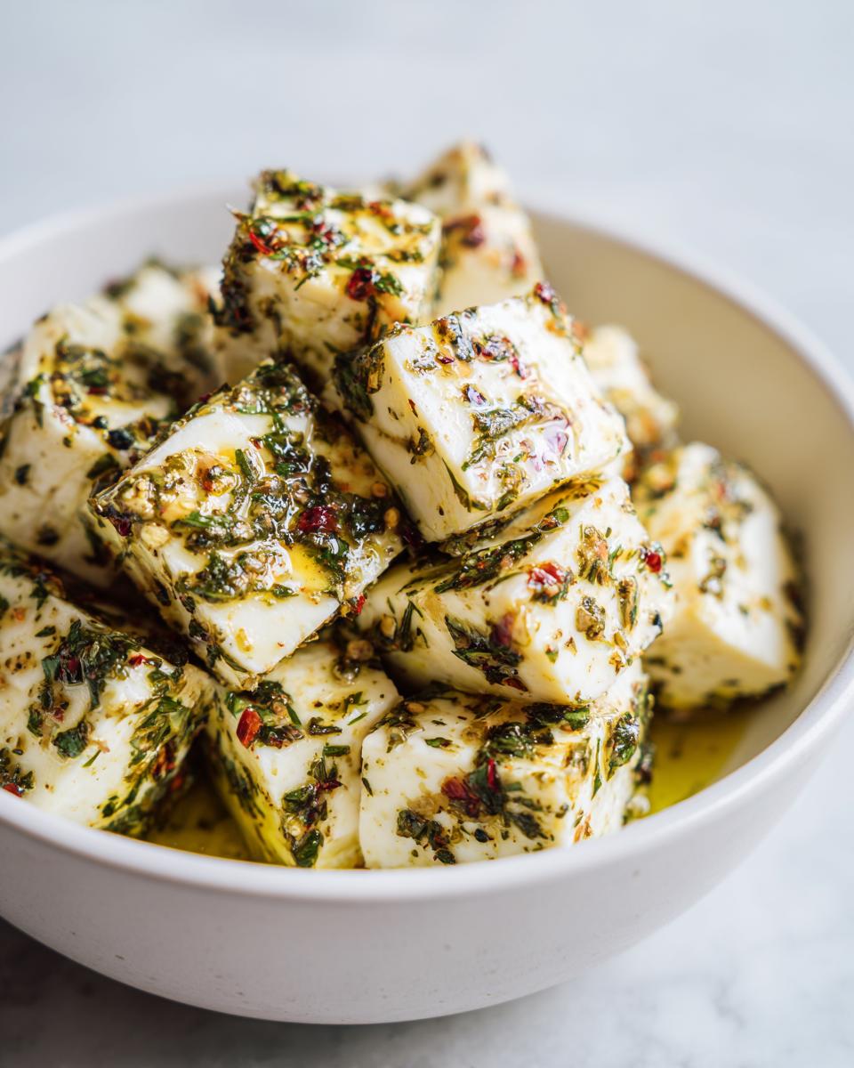Close-up of white cheese cubes soaking in oil and covered with green herbs and red pepper flakes for marinated cheese.