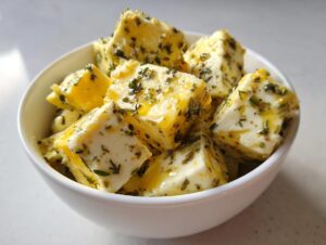 Close-up of white cheese cubes soaking in olive oil and covered in dried herbs, ready to serve as marinated cheese.