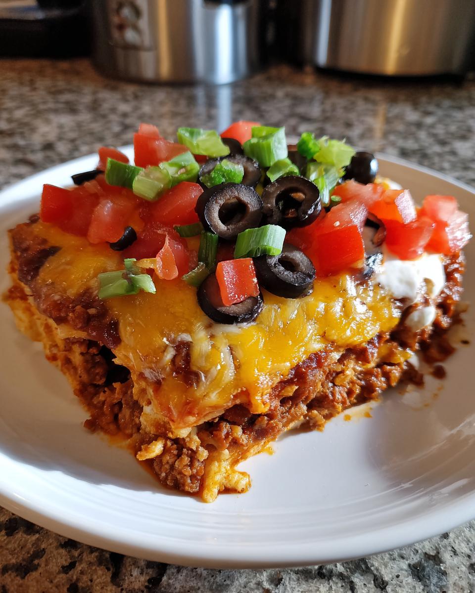 A close-up slice of amazing Mexican pizza copycat layered with seasoned beef, melted cheese, tomatoes, olives, and green onions.