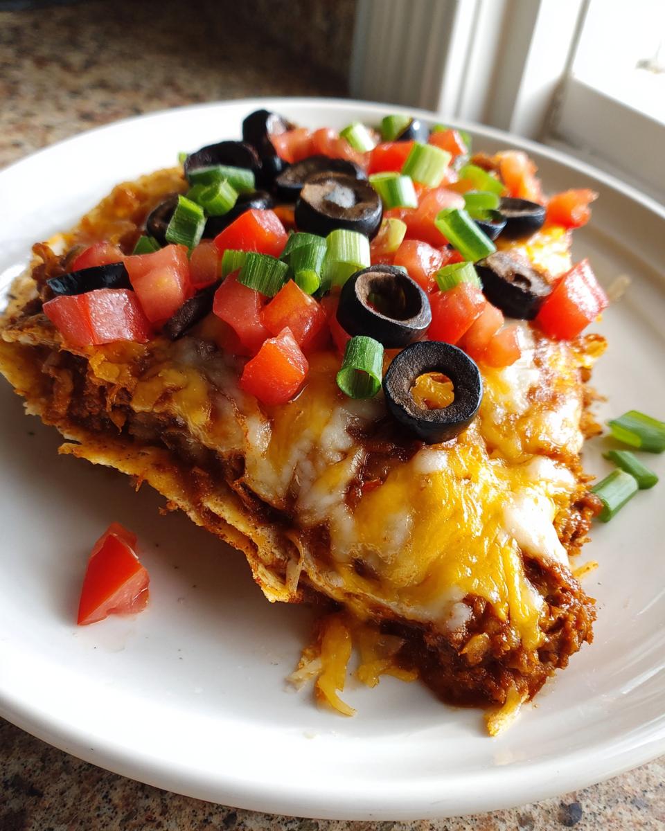 A close-up slice of Mexican pizza topped with melted cheese, black olives, diced tomatoes, and green onions.