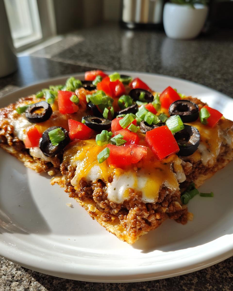 Two slices of homemade Mexican pizza topped with seasoned ground beef, melted cheese, diced tomatoes, black olives, and green onions.