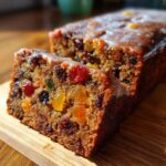 Close-up of a moist slice of fruit cake recipe loaf with candied fruit visible and a light glaze on top.