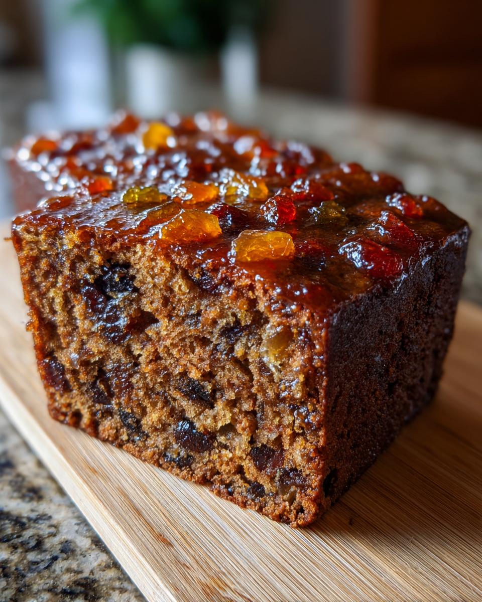 Close-up of a moist slice of fruit cake recipe, topped with glazed candied fruit.