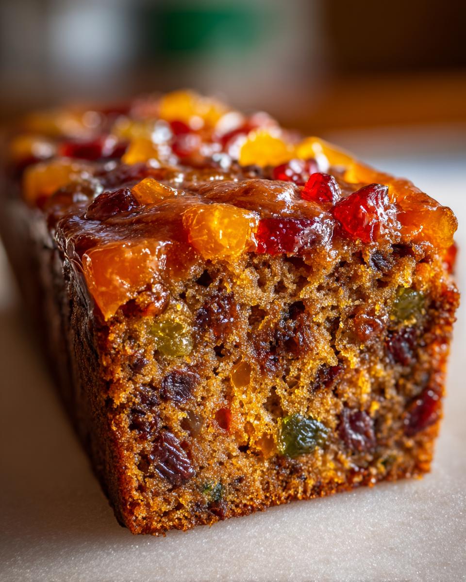 Close-up of a moist, dark fruit cake recipe loaf, topped with candied citrus peel and glaze.