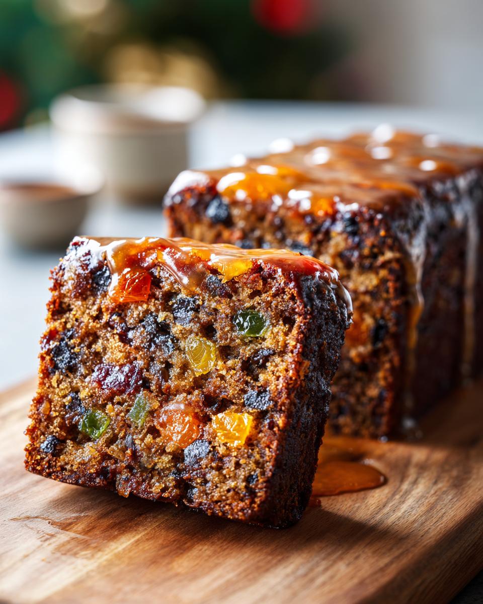 Close-up of a moist slice of fruit cake recipe, rich with candied fruit and topped with a dripping apricot glaze.