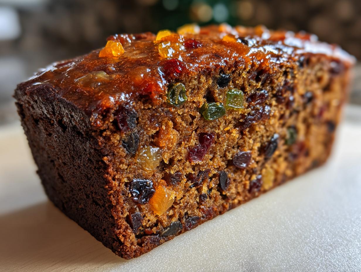 Close-up of a moist slice of fruit cake recipe, rich with dried fruits and topped with a shiny glaze.