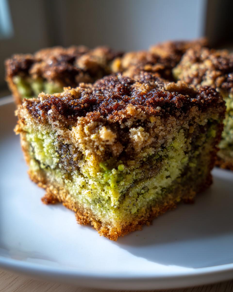 Close-up of a moist slice of pistachio coffee cake featuring a vibrant green interior and a dark, crumbly streusel topping.