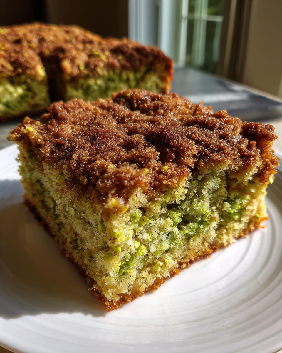 Close-up of a moist slice of pistachio coffee cake topped with dark brown streusel, showing green pistachio pieces in the crumb.