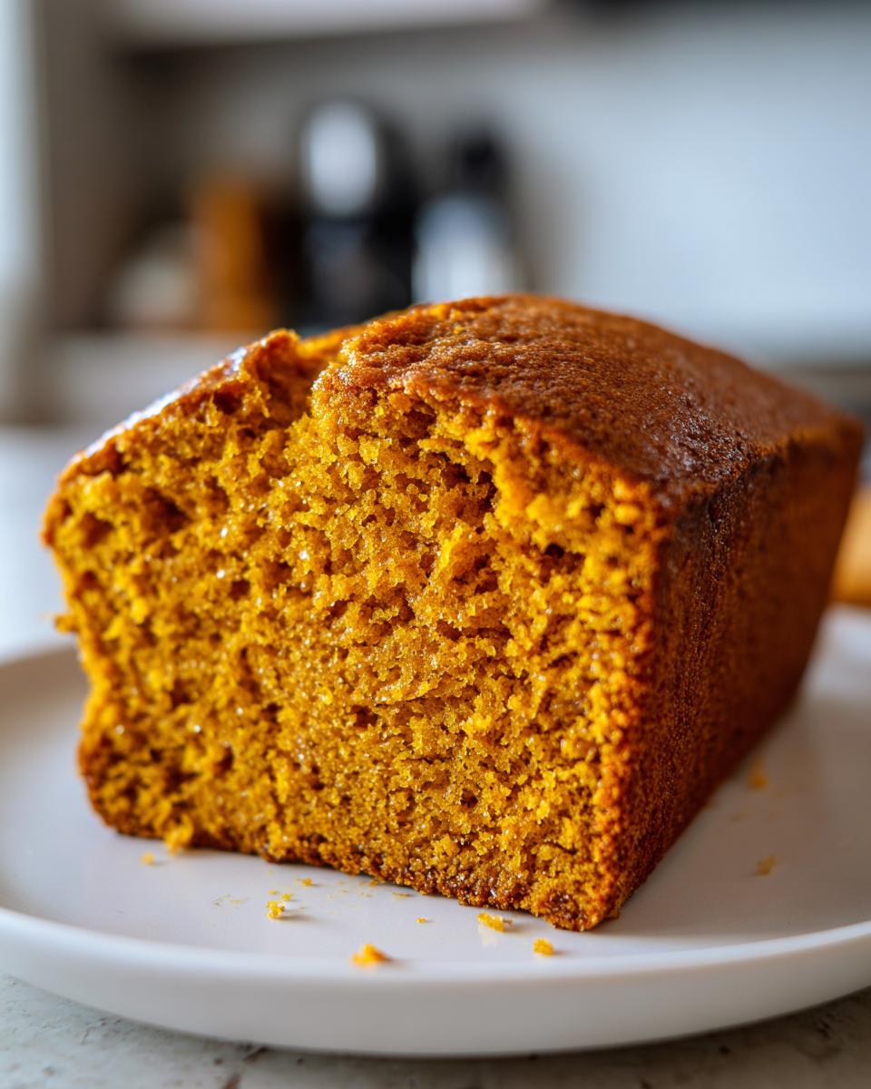 Close-up of a thick slice of moist pumpkin bread showing its rich orange color and crumb structure.