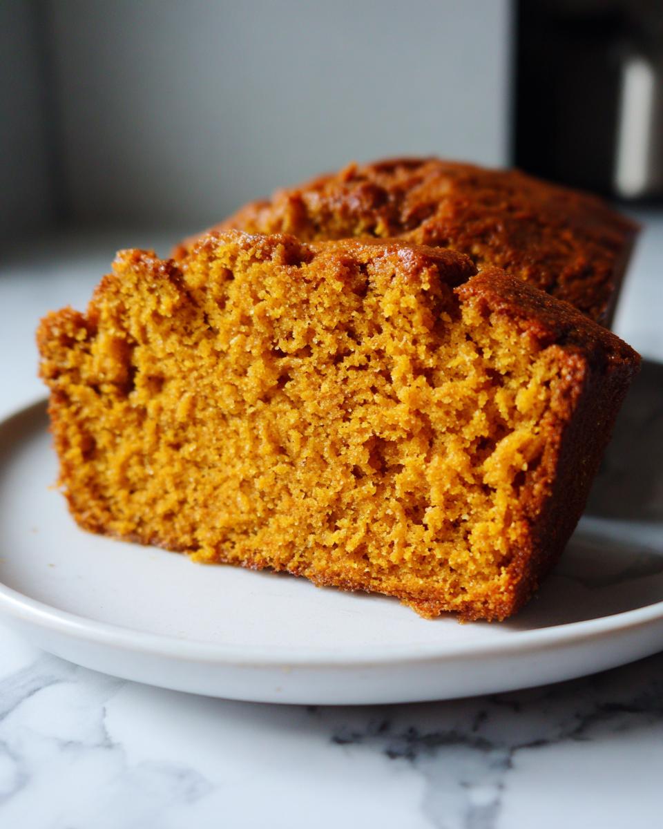 Close-up of a thick slice of moist pumpkin bread showing its vibrant orange color and tender crumb.