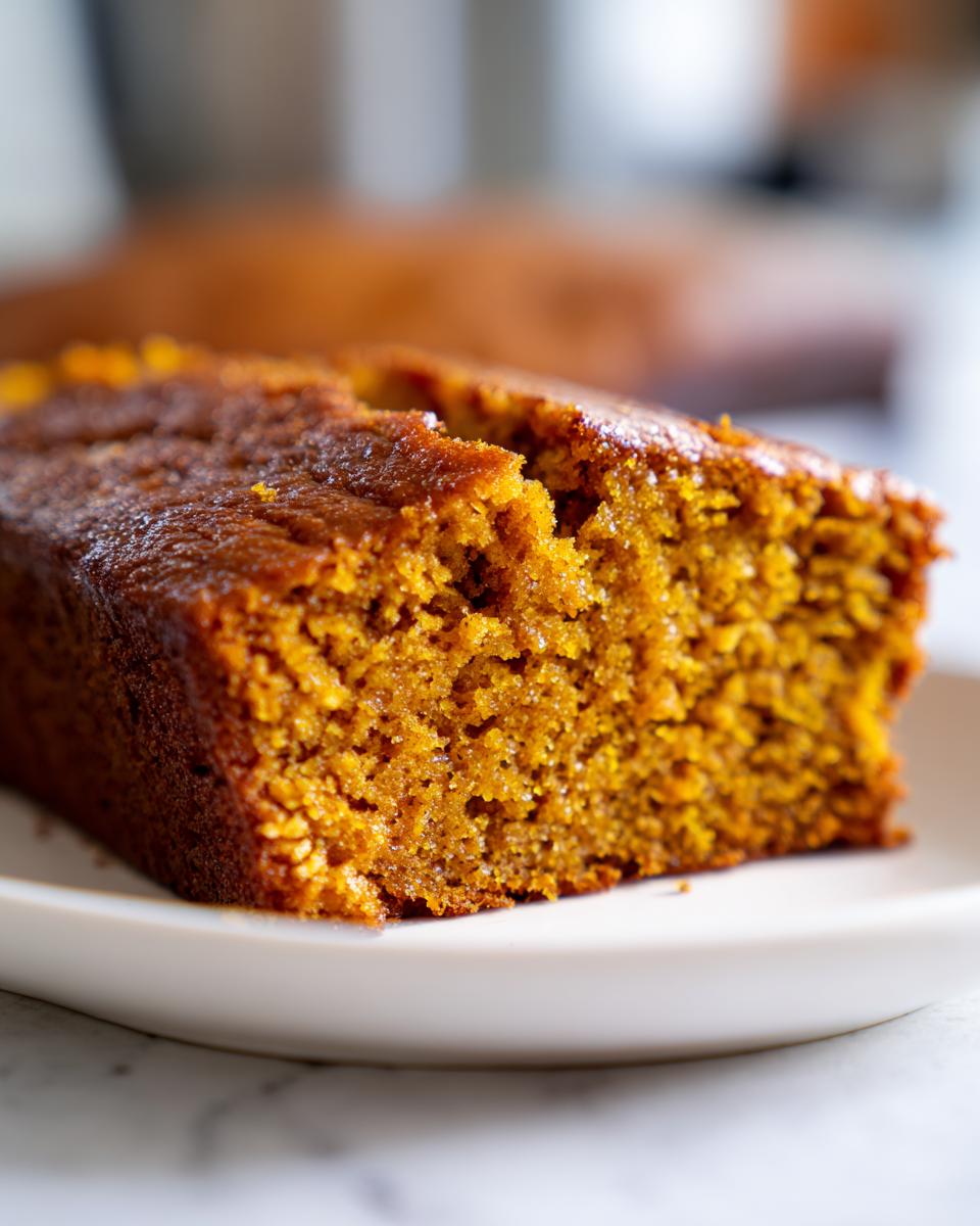 Close-up of a moist, richly colored slice of pumpkin bread showing its tender crumb texture.