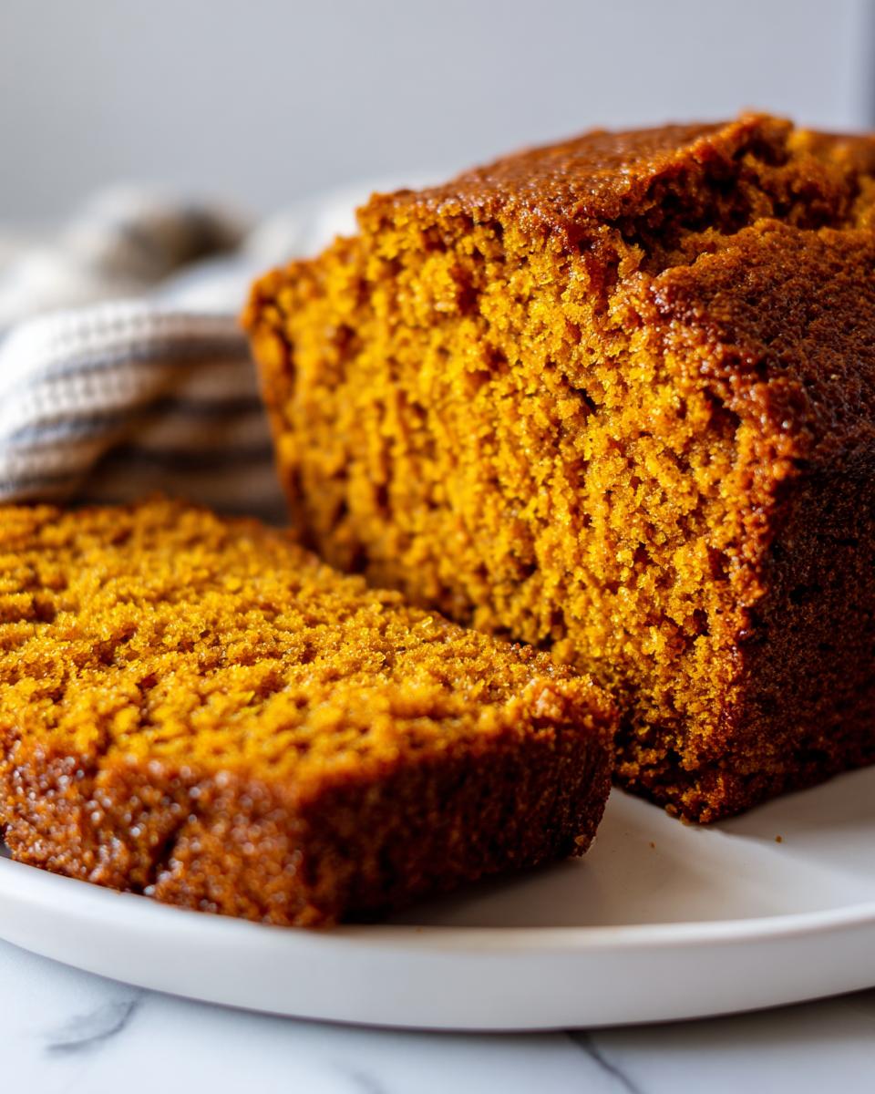 Close-up of moist pumpkin bread, showing the rich orange crumb texture of the loaf and a single slice.