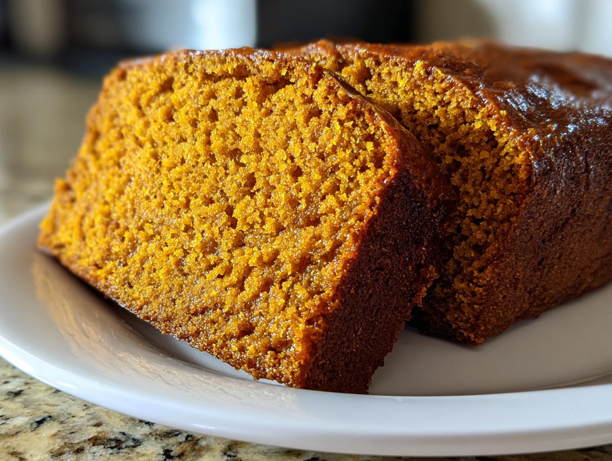 Close-up of two moist slices of dark orange pumpkin bread resting on a white plate.