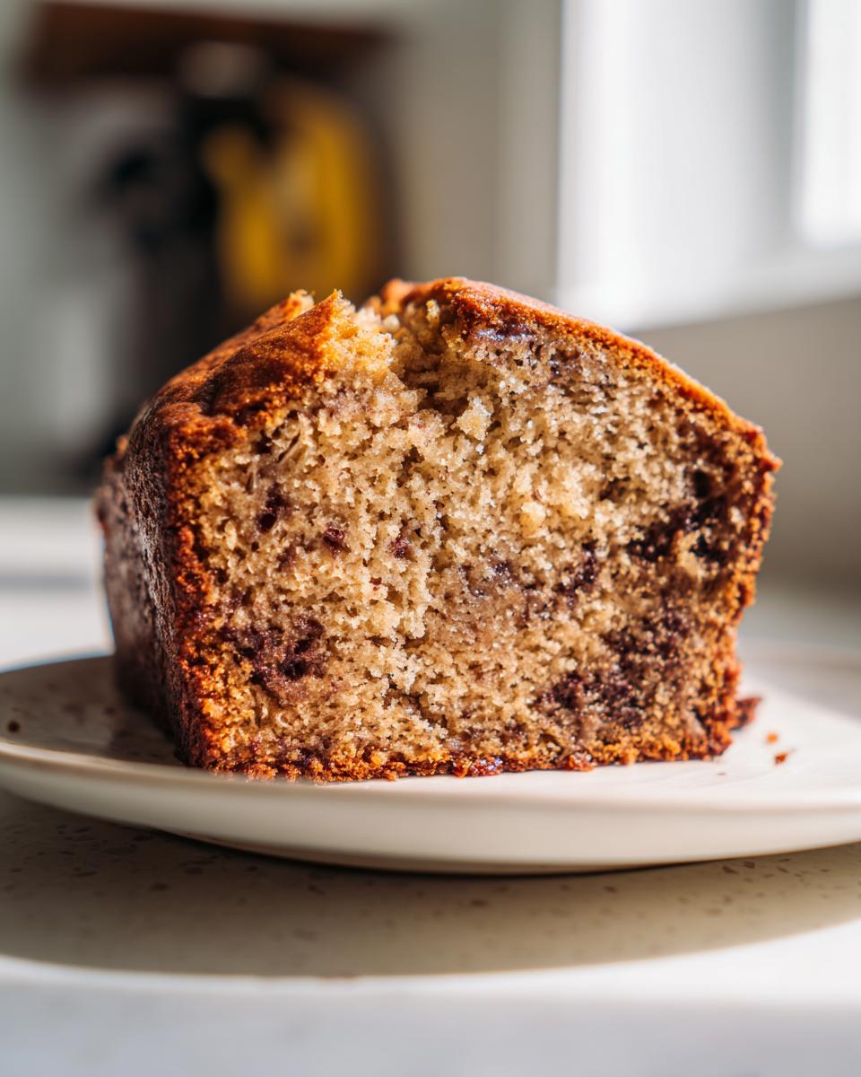 Close-up of a moist, golden slice of the best banana bread showing a tender crumb and dark banana/chocolate swirls.