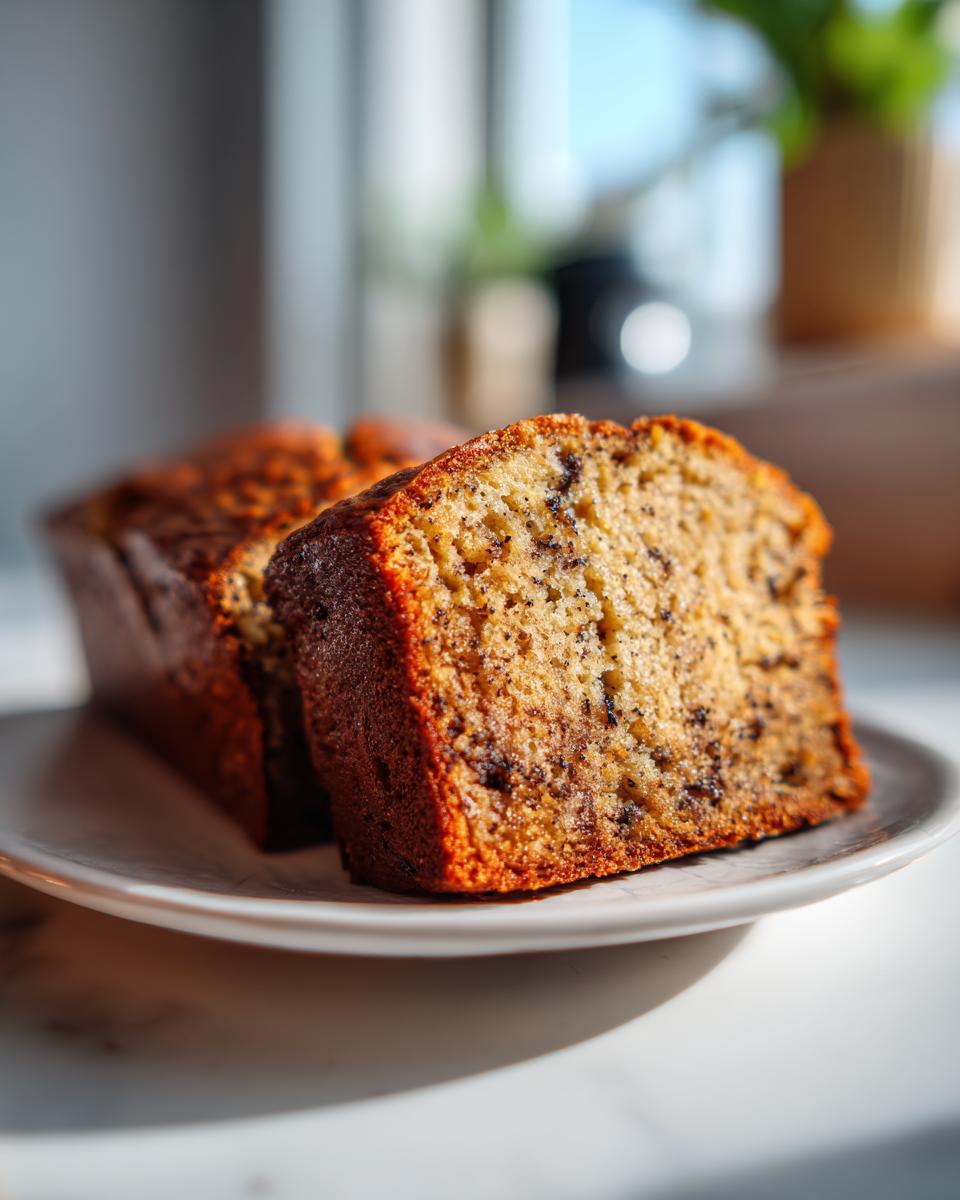 Close-up of a moist slice of the best banana bread, showing dark flecks of banana and chocolate chips, served on a white plate.