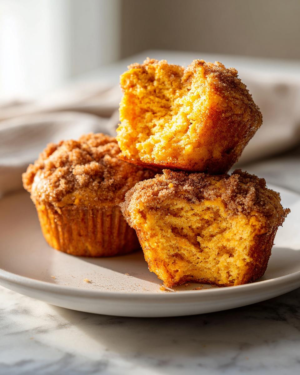 Close-up of three moist sweet potato muffins, one split open showing the orange interior and cinnamon sugar topping.