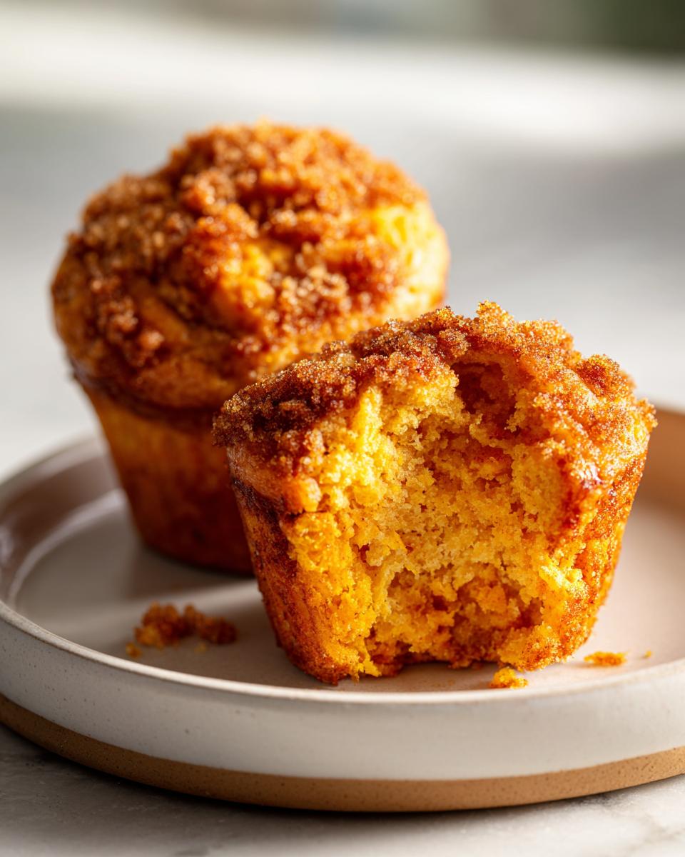 Close-up of a moist sweet potato muffin, broken open to show the texture, next to a whole one with crumb topping.