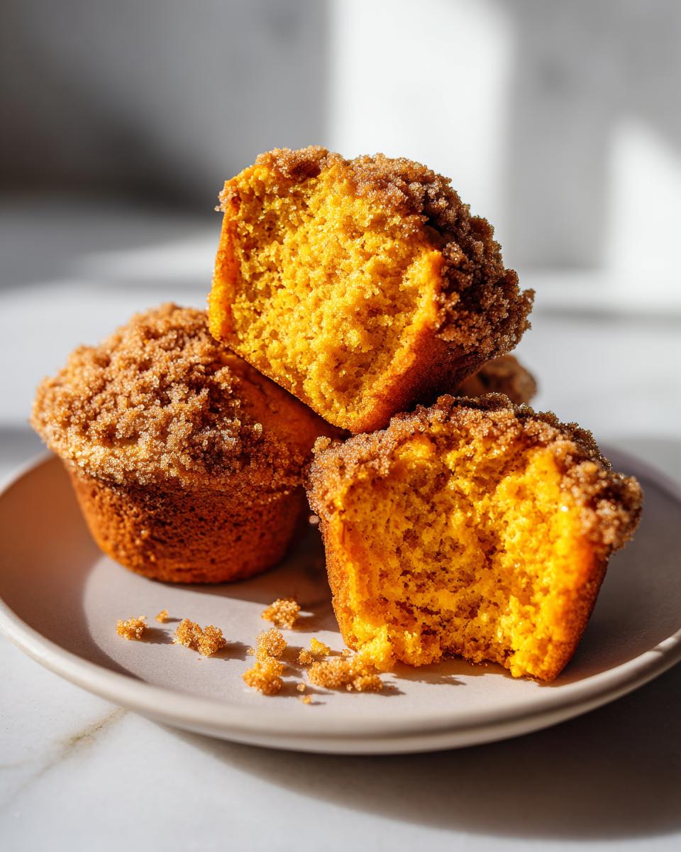 Close-up of moist sweet potato muffins stacked on a plate, showing the bright orange interior and cinnamon sugar topping.