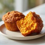 Close-up of a sweet potato muffin cut in half showing its moist, orange interior next to a whole sweet potato muffin.