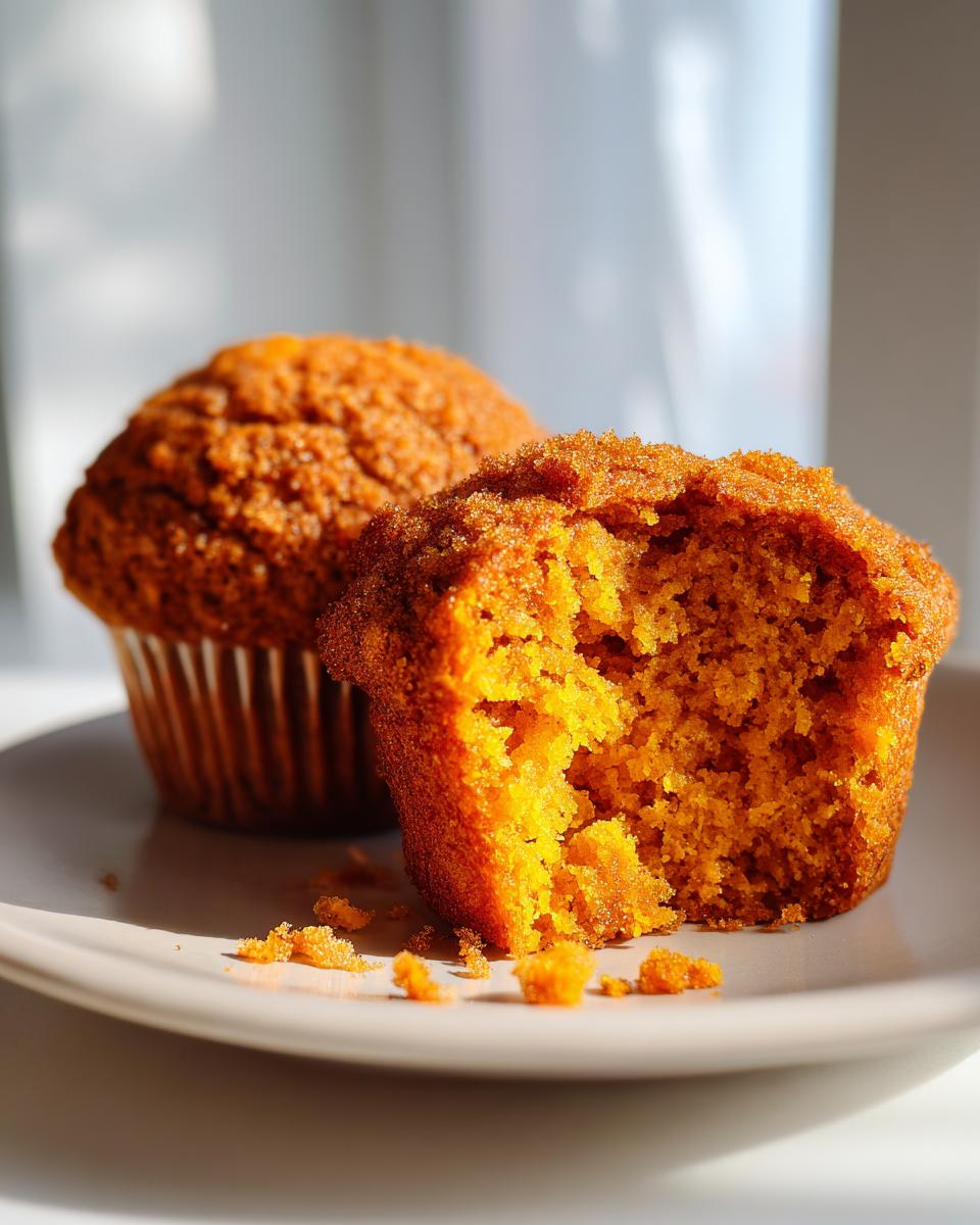 Close-up of a sweet potato muffin broken open showing its moist, orange interior and sugary top, with another whole muffin behind it.