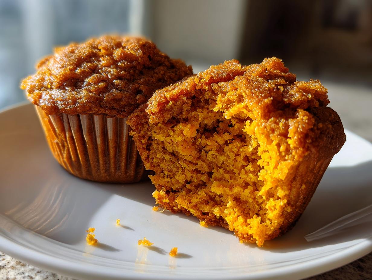 Close-up of a sweet potato muffin broken in half showing its moist, orange interior and crumb topping.