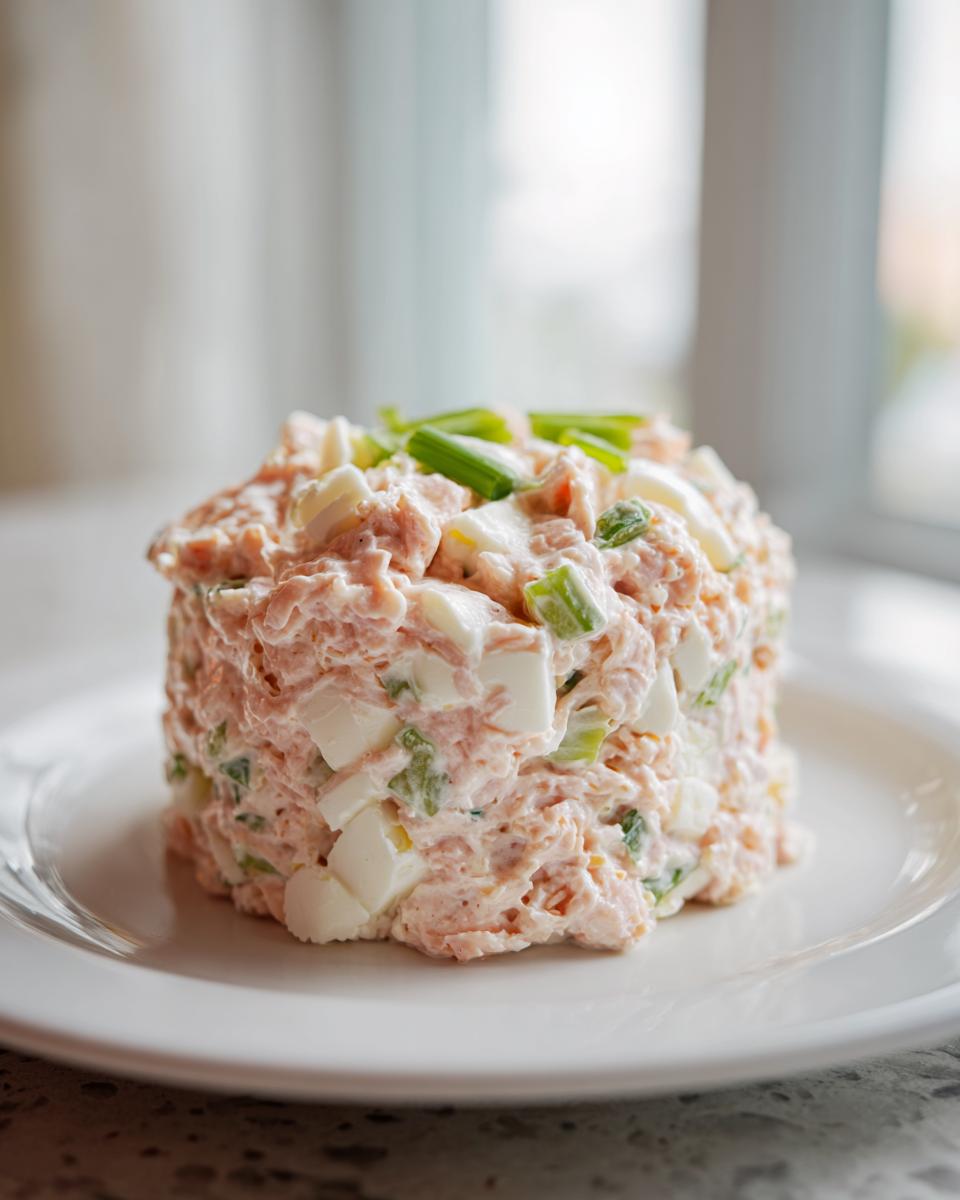 A molded portion of creamy ham salad recipe, mixed with chopped egg and green onions, served on a white plate.
