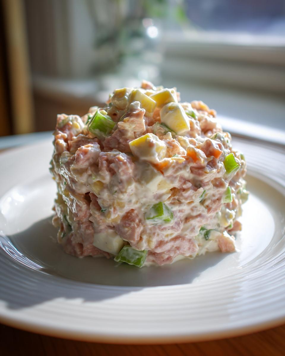 A molded serving of creamy ham salad recipe featuring chunks of ham, egg, and green celery on a white plate.