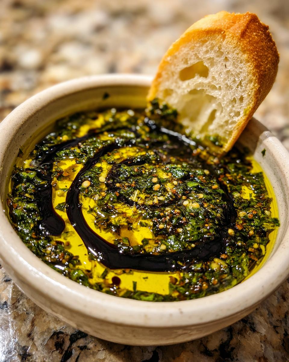 Close-up of a crusty bread slice dipping into a vibrant olive oil bread dip mixture with herbs and balsamic vinegar swirl.