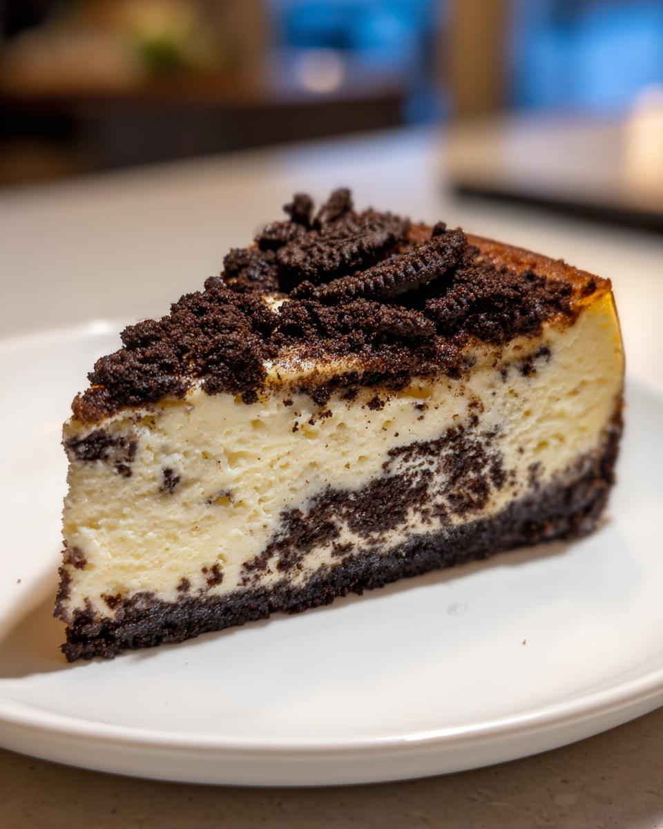 A close-up shot of a rich slice of Oreo cheesecake with a dark chocolate crust and crumbled topping.