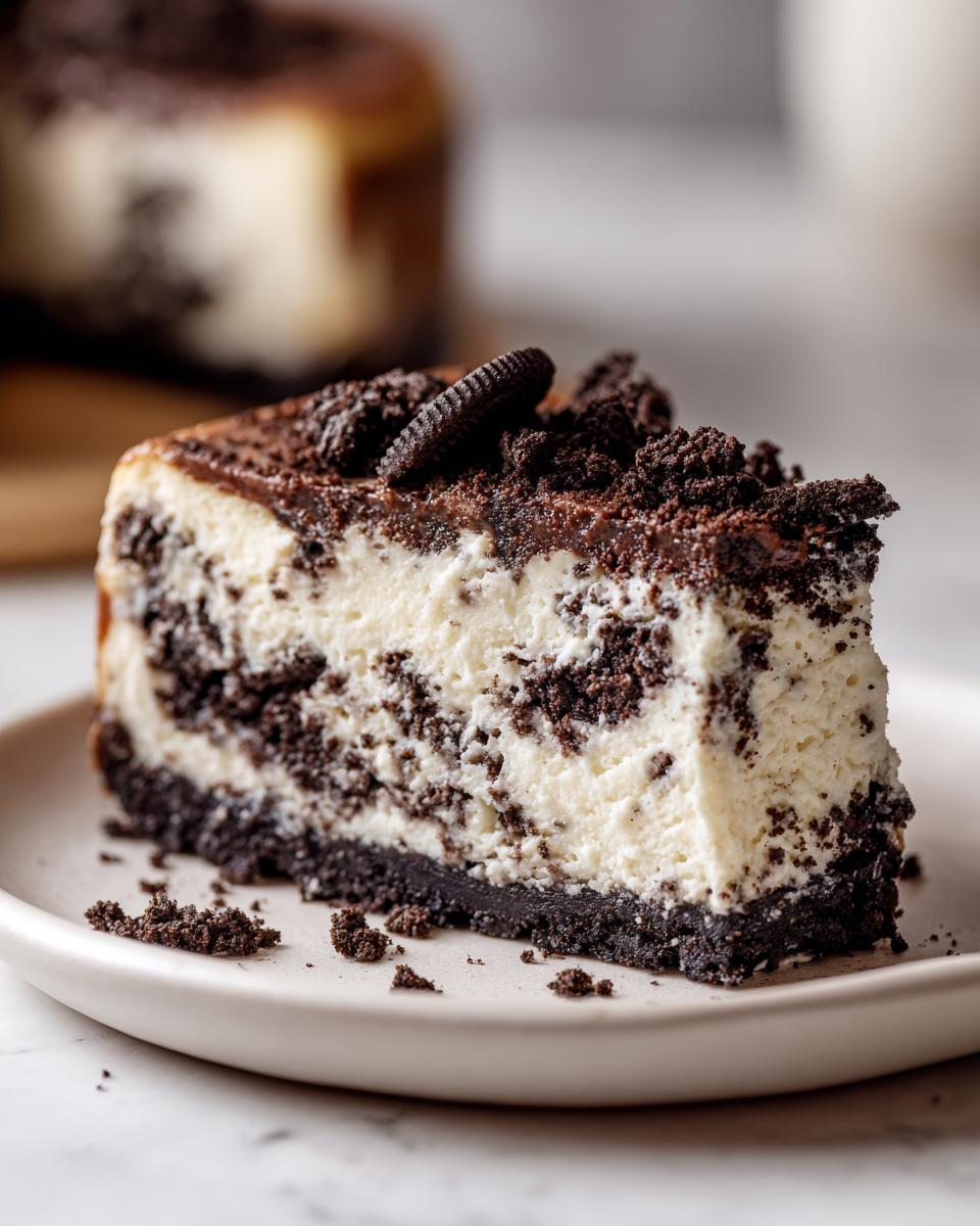 A close-up of a rich slice of Oreo cheesecake showing the creamy filling mixed with dark cookie pieces.