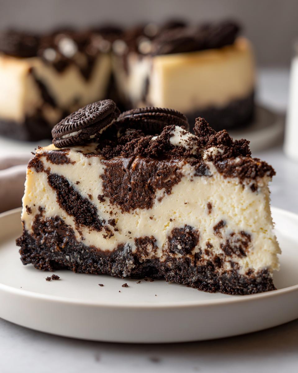 A close-up slice of marbled Oreo cheesecake with a dark crust, topped with cookie crumbles and whole cookies.