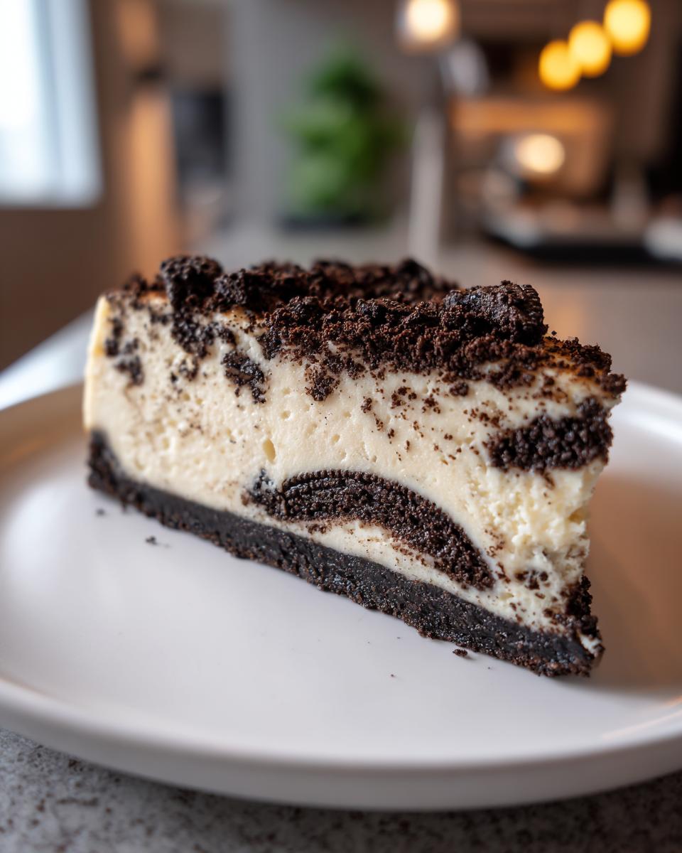 Close-up of a creamy slice of Oreo cheesecake with a dark cookie crust and crumb topping.