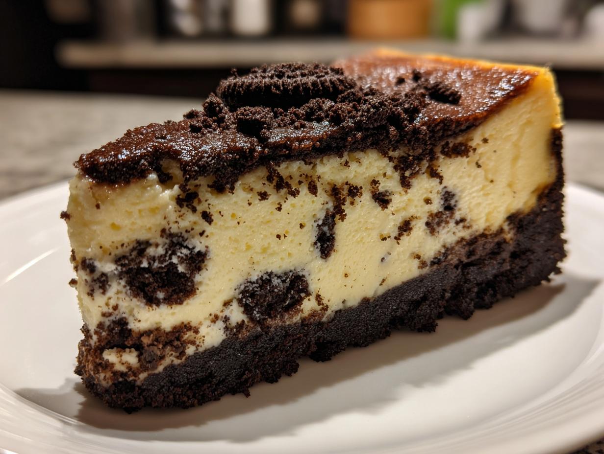 A close-up of a rich slice of Oreo cheesecake featuring a dark chocolate crust, creamy filling with cookie chunks, and a crumbly Oreo topping.