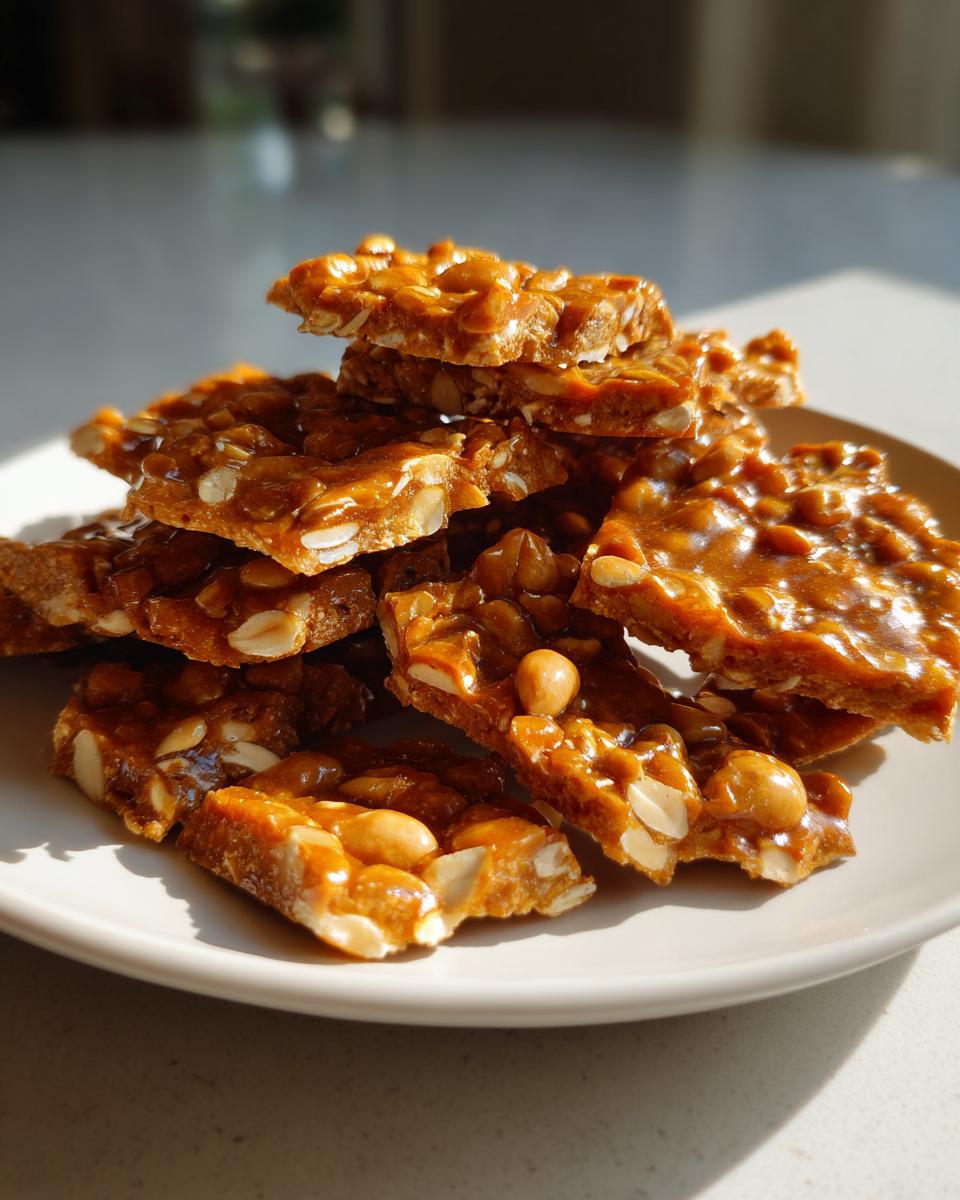 A stack of freshly broken pieces of homemade peanut brittle recipe resting on a white plate.