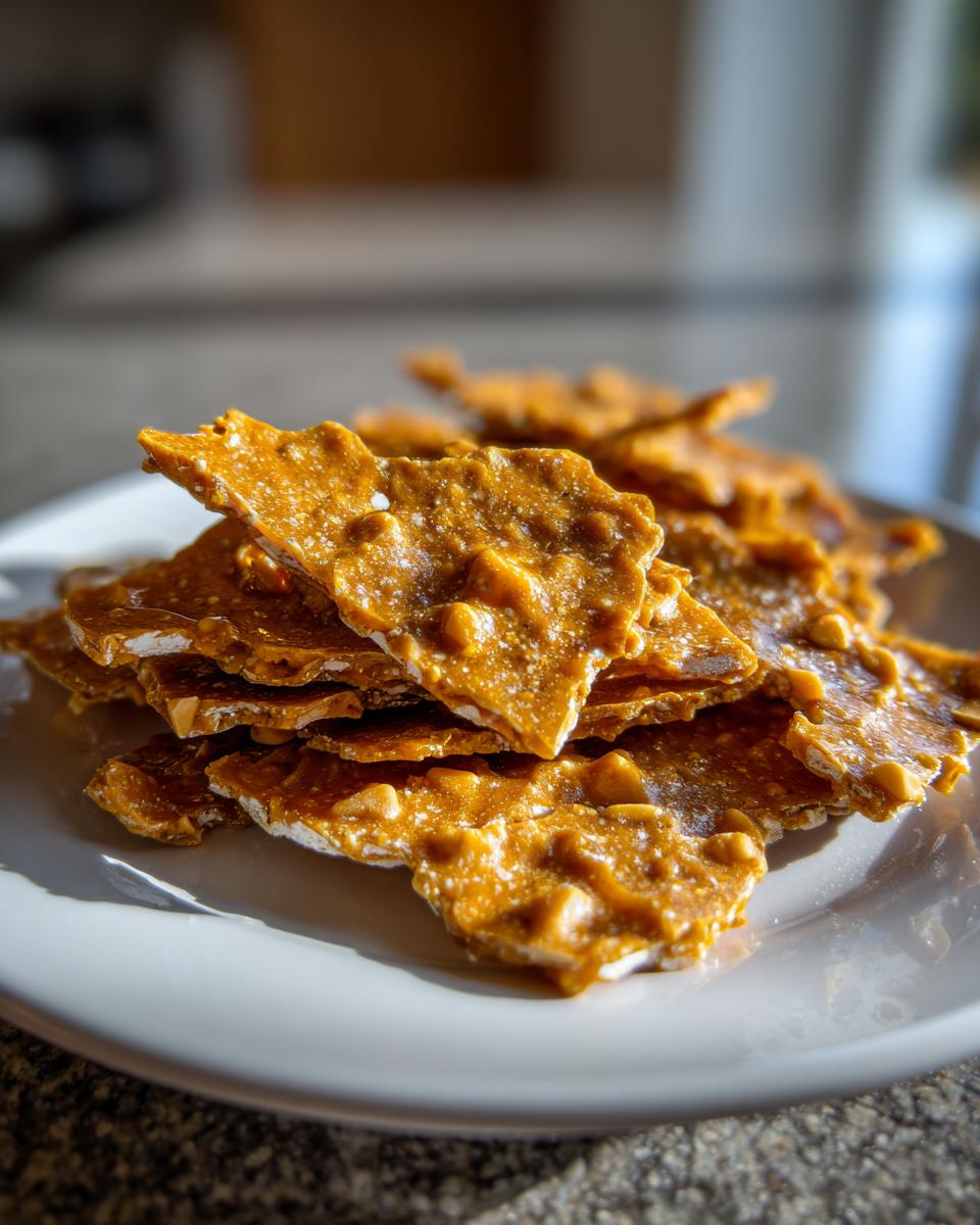 A pile of golden brown, broken pieces of homemade peanut brittle recipe resting on a white plate.