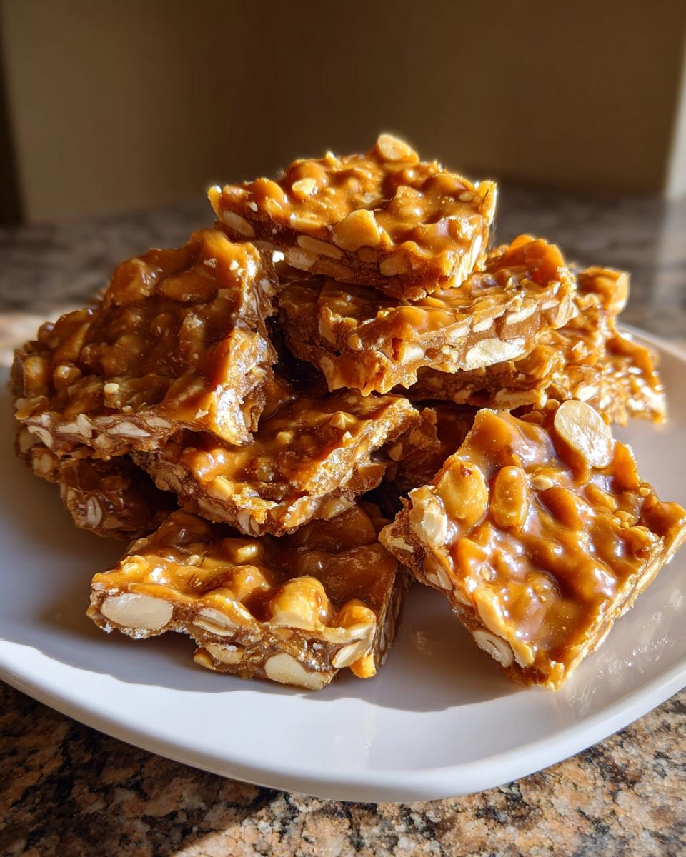 A stack of homemade peanut brittle recipe squares, glistening with caramel, piled on a white plate.