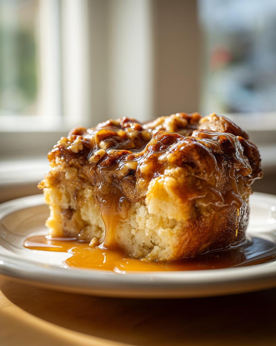 A close-up of a moist slice of pecan pie bread pudding generously topped with sticky caramel sauce and pecans.