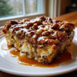 A close-up of a rich slice of pecan pie bread pudding, generously topped with pecans and dripping with caramel sauce.