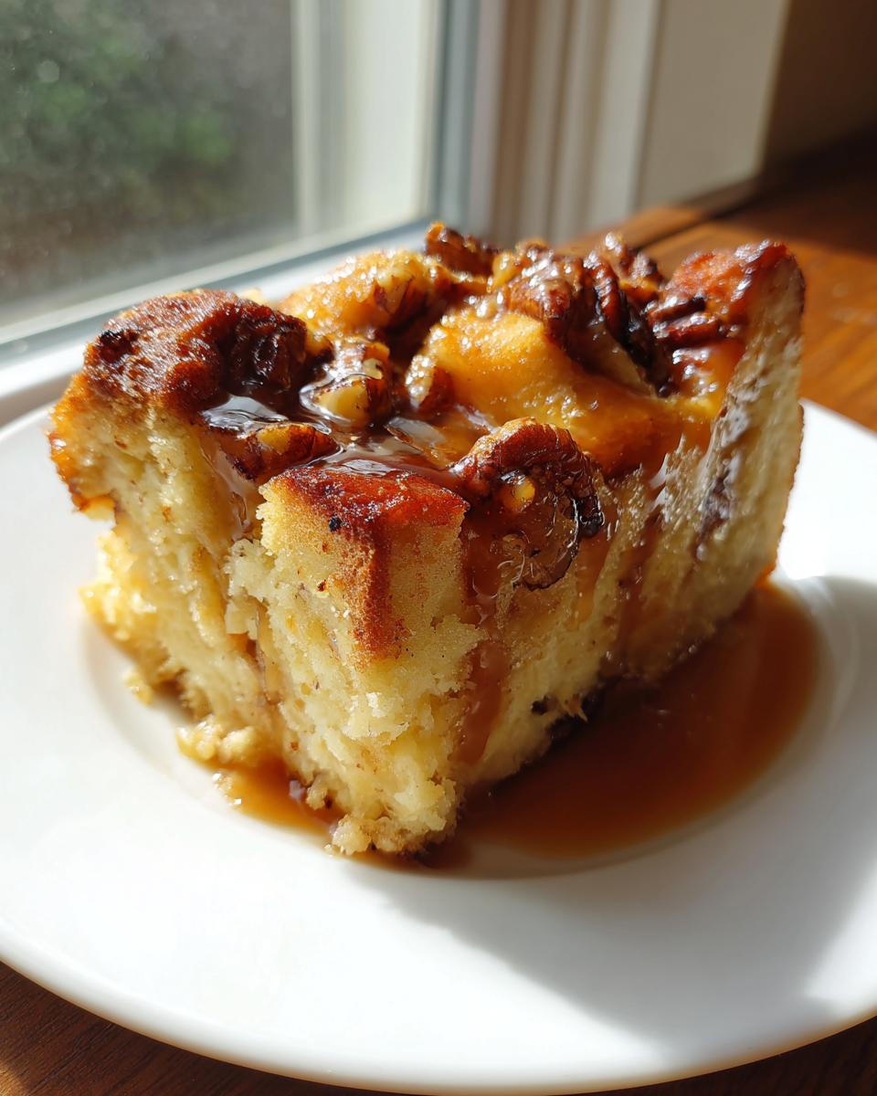 A close-up of a square slice of pecan pie bread pudding drizzled generously with caramel sauce.