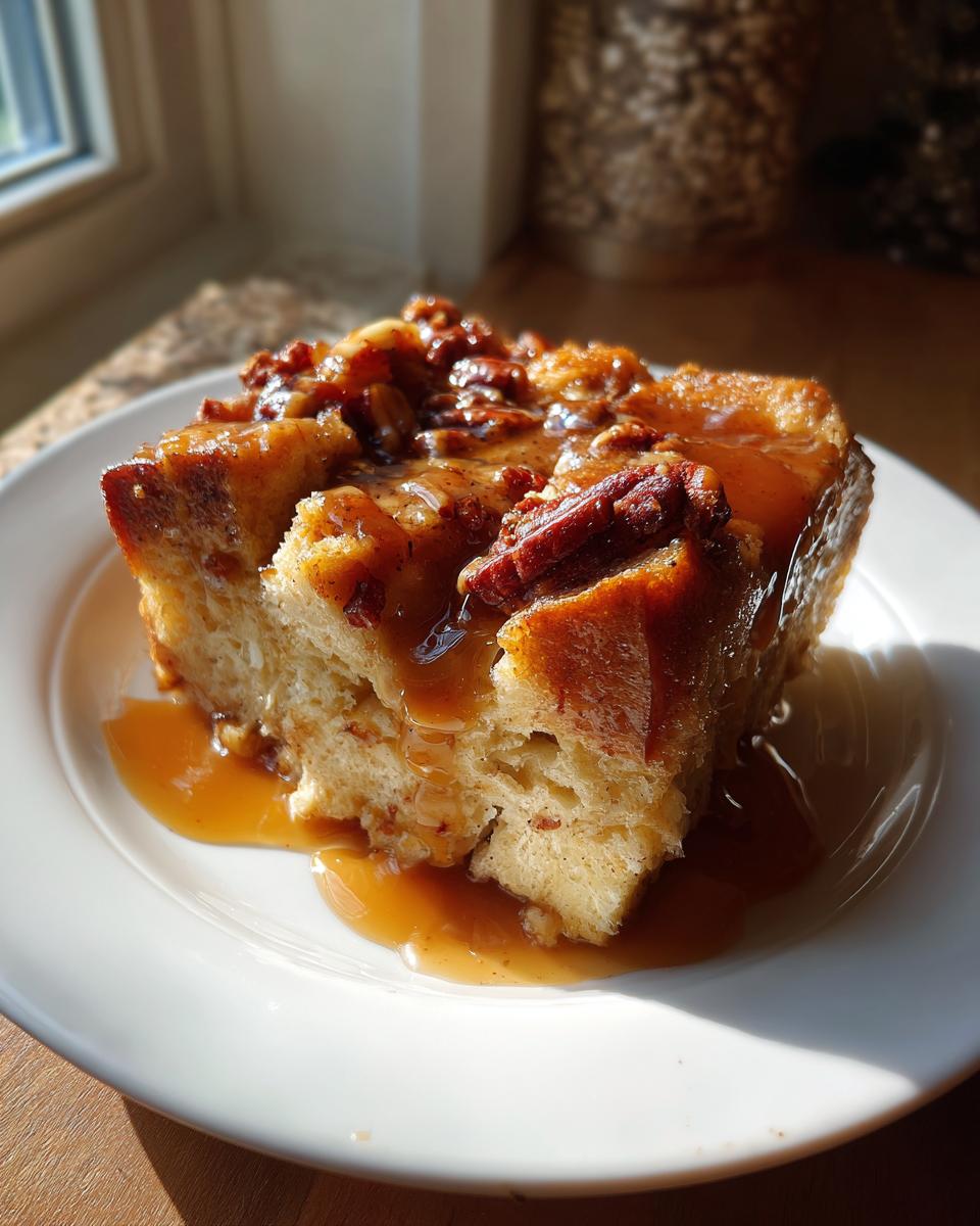 A square serving of pecan pie bread pudding drenched in rich caramel sauce, topped with whole pecans.