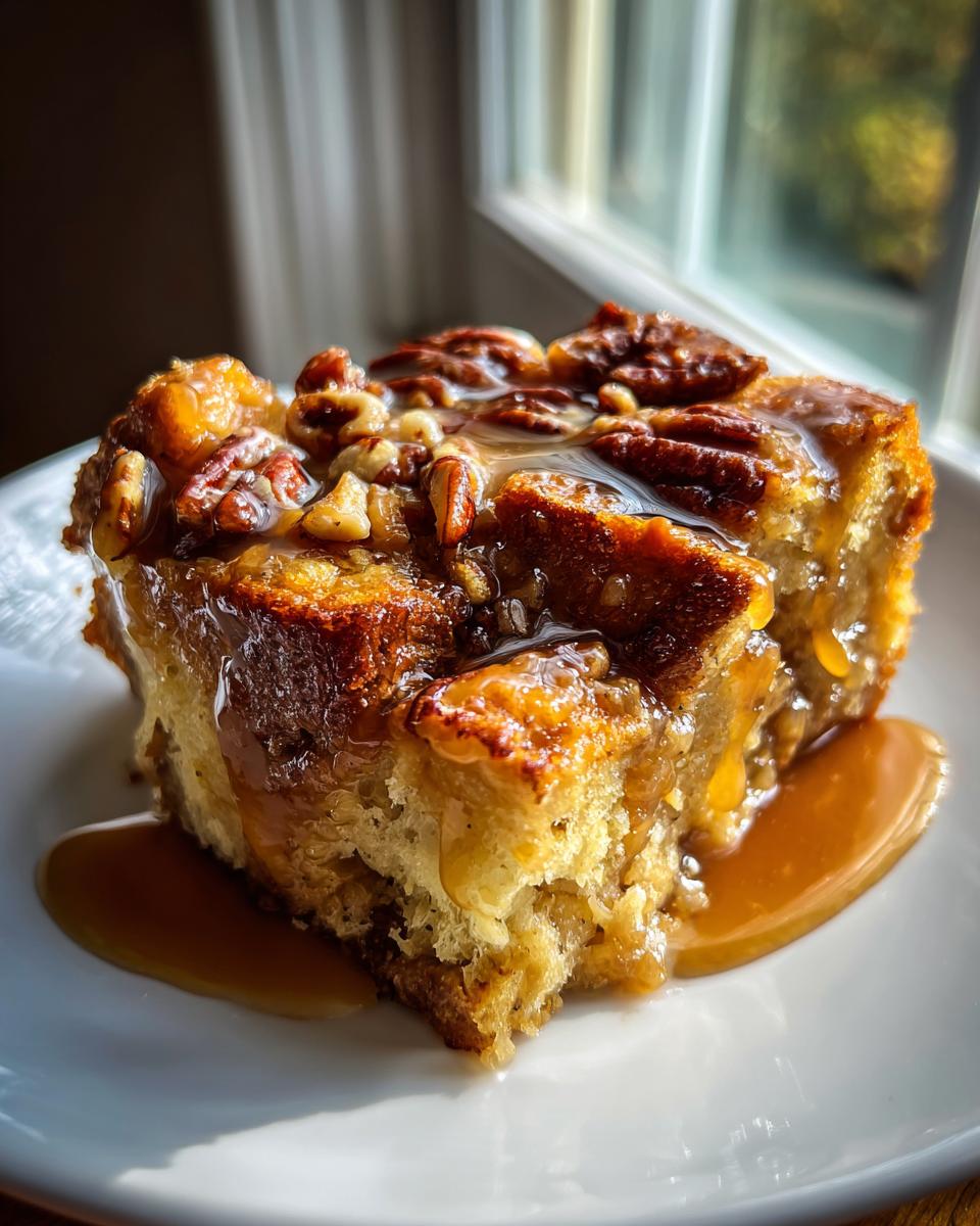 A close-up of a square slice of pecan pie bread pudding topped with pecans and drizzled generously with caramel sauce.