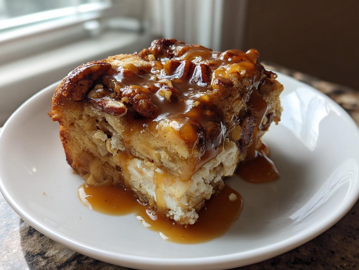 A decadent slice of pecan pie bread pudding topped generously with gooey caramel sauce and pecans.