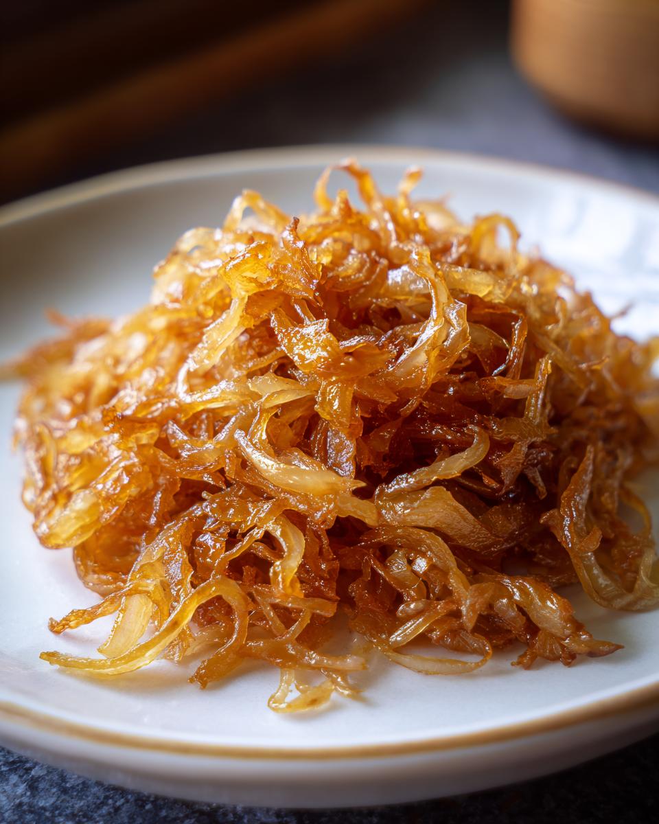A close-up of a mound of rich, golden-brown caramelized onions on a white plate.